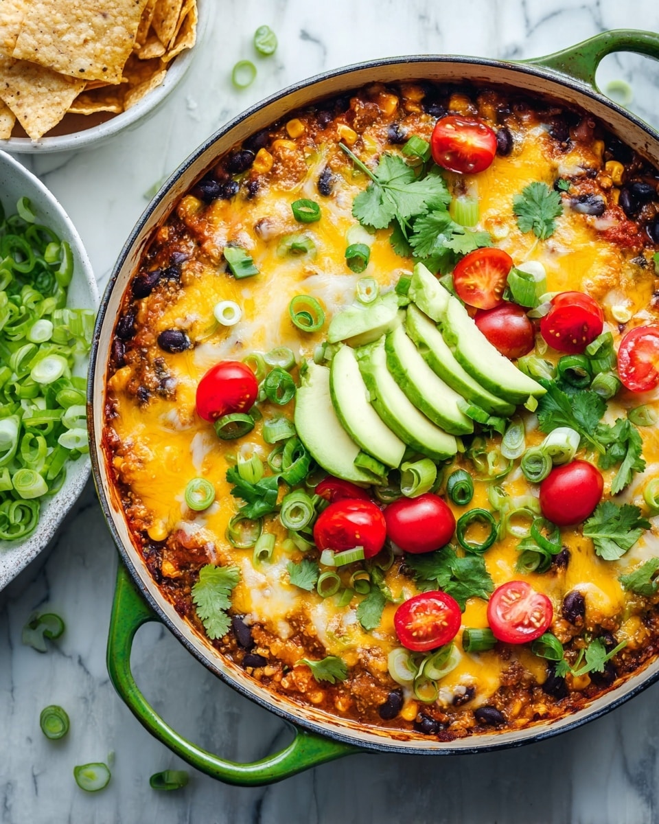 A close-up top view of a round pan filled with a baked dish showing multiple layers: the base layer is a mix of black beans, corn, quinoa, and small red bell pepper pieces, topped by a thick layer of melted yellow and white cheese, scattered with bright red halved cherry tomatoes, sliced green onions, and fresh green cilantro leaves. On top, there are three small stacks of light green sliced avocado arranged neatly. The pan has a green handle, and it sits on a white marbled textured surface next to a white bowl filled with sliced green onions and some broken pita chips. Photo taken with an iphone --ar 4:5 --v 7