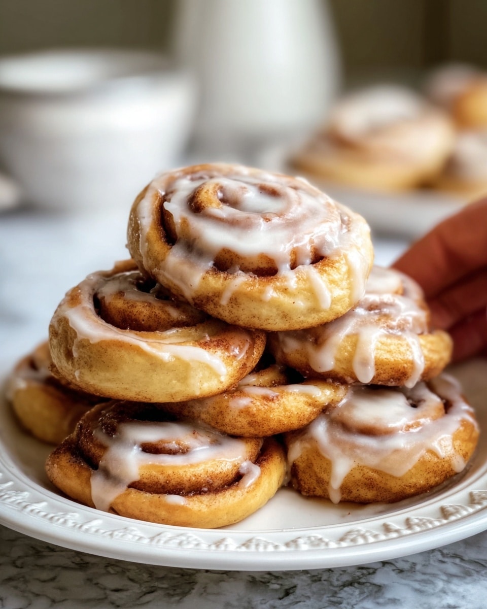 A stack of six cinnamon rolls sits on a white plate with a detailed edge design, each roll showing a spiral shape with light brown dough and darker cinnamon swirls. The top rolls are covered with a shiny white glaze that drips slightly down the sides, giving a sweet and sticky look. The background has a soft focus with a white marbled texture surface, and a blurred white bowl or cup is visible in the back. In the foreground, a woman's hand is gently reaching towards the rolls. photo taken with an iphone --ar 4:5 --v 7