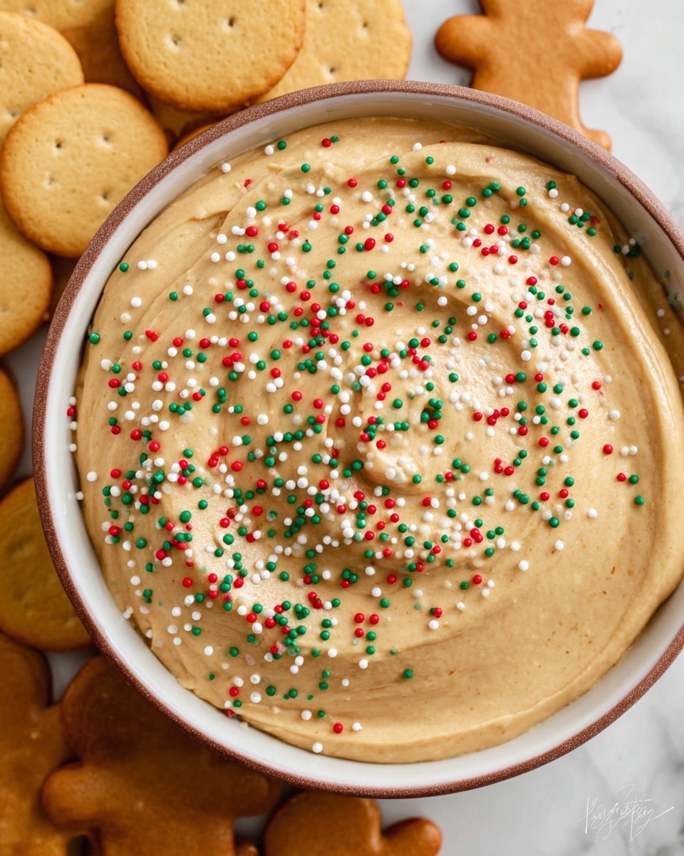 A smooth, light brown creamy dip fills a white bowl with a slightly raised rim, topped with small round sprinkles in red, green, and white scattered evenly over the surface. The texture of the dip shows soft swirls and gentle peaks. Around the bowl, there are different types of light golden yellow cookies and crackers, some round and some shaped like gingerbread men, placed on a white marbled surface. The photo is a close-up shot, capturing the rich texture of the dip and the festive sprinkles. photo taken with an iphone --ar 4:5 --v 7
