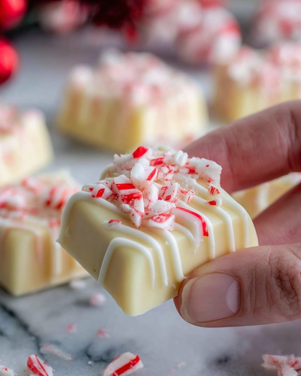 A close-up view of a small, thick white chocolate square with smooth, creamy texture and ridged sides. The top layer is decorated with red and white crushed peppermint pieces and thin white icing drizzle. In the background, there are more similar white chocolate squares with the same peppermint and icing design, placed on a white marbled surface, adding a festive look. A woman's hand is holding the chocolate piece gently between thumb and finger. Photo taken with an iphone --ar 4:5 --v 7