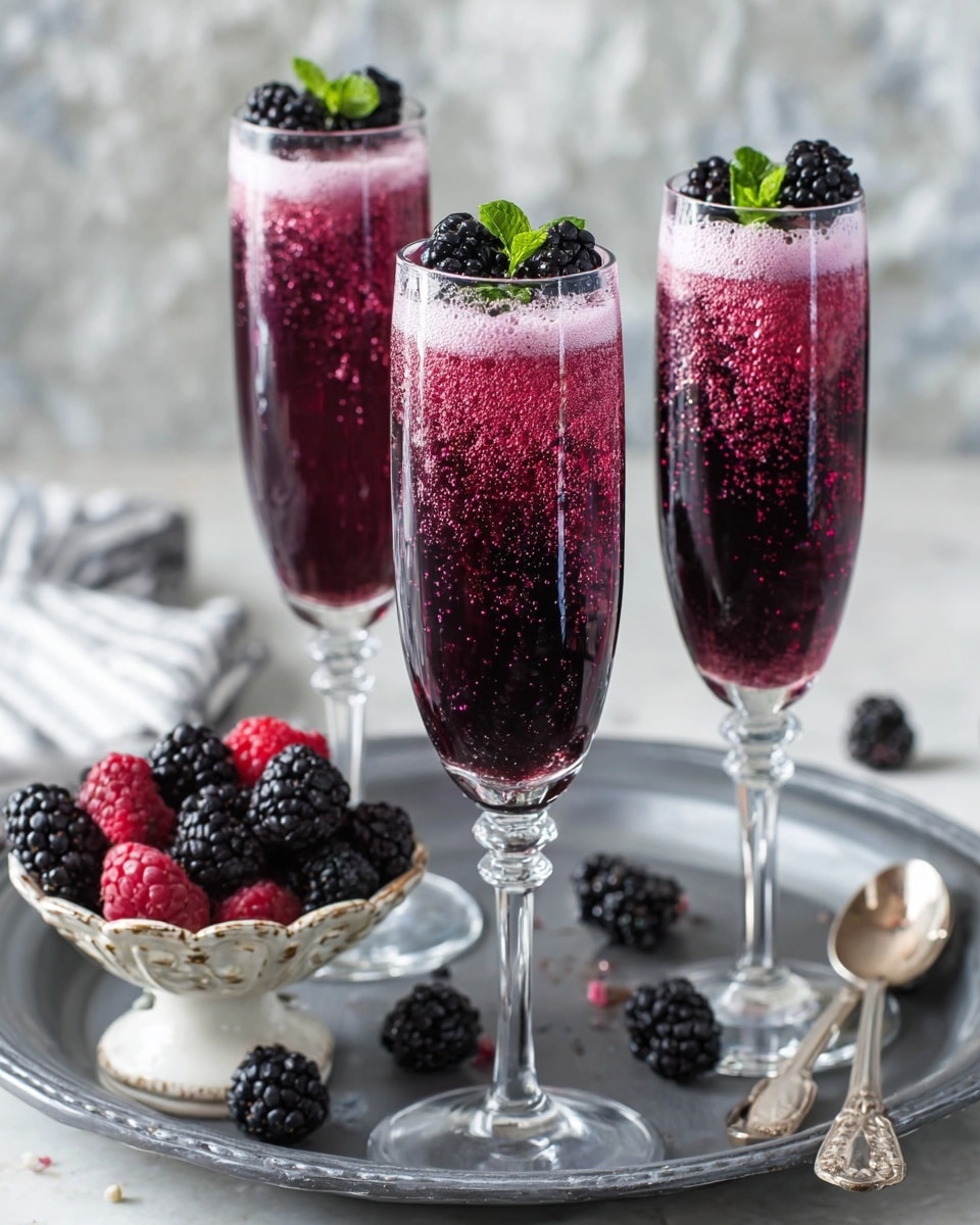 Three tall, clear champagne flutes are filled with a dark purple, bubbly drink that has a light purple foam layer on top. Each glass is topped with three blackberries and a small green mint leaf. The drinks sit on a gray tray, which also holds a small ornate white bowl filled with shiny blackberries and red raspberries. A few loose blackberries are scattered on the tray, along with two silver spoons. The background is a white marbled texture, giving a clean and fresh look. photo taken with an iphone --ar 4:5 --v 7