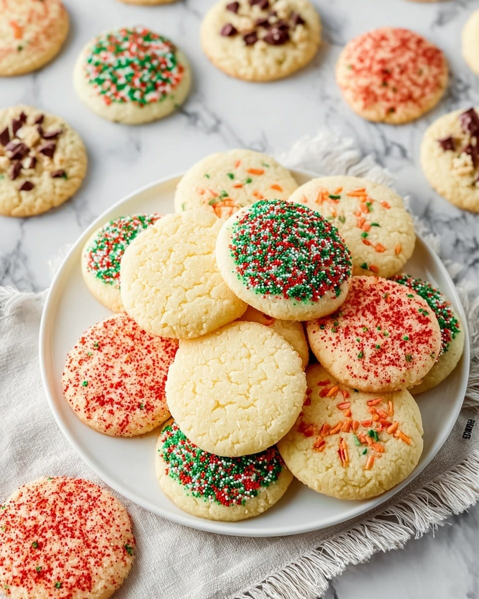 A white plate is filled with two layers of sugar cookies, the bottom layer consisting of plain, light yellow cookies with a rough texture, and the top layer featuring cookies with colorful sprinkles in red, green, and orange, some with small round sprinkles and others with small sticks or sugar crystals. Around the plate, there are more sugar cookies scattered, some topped with red, green, and brown chocolate pieces. The background is a white marbled surface with a fringed cloth under the plate. Photo taken with an iphone --ar 4:5 --v 7