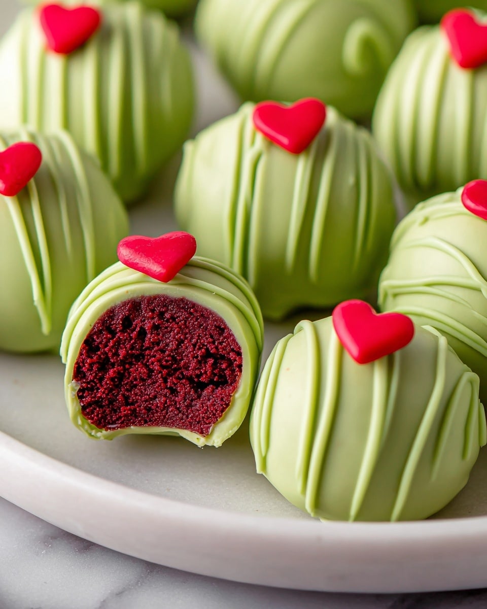 A close-up of round sweets on a white plate atop a white marbled surface, each covered in a smooth, light green coating with slightly darker green drizzle lines wrapping vertically around them. On top of each sweet is a small, bright red heart decoration. One sweet is cut in half, showing a dense, crumbly deep red inside layer beneath the green shell. The sweets have a soft, smooth texture with a detailed contrast between the green shell and the red center. Photo taken with an iphone --ar 4:5 --v 7