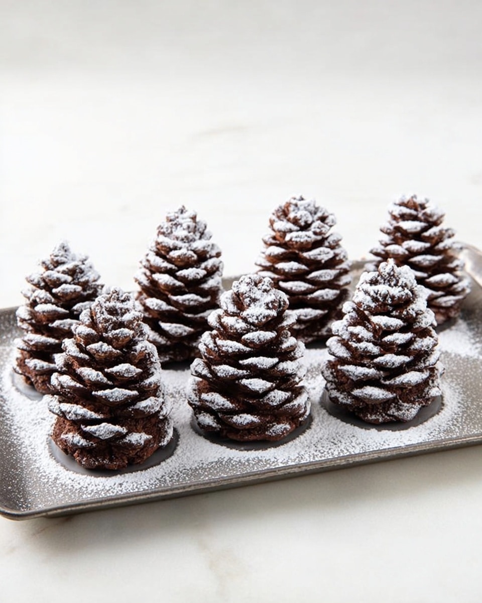 The image shows five pinecone-shaped chocolate desserts arranged in a row on a rectangular metal tray with a light dusting of powdered sugar on top of each pinecone, giving a snowy look. The pinecones have a rich dark brown color with textured layers mimicking real pinecone scales, each layer clearly defined and stacked to form the dome shape. The tray rests on a white marbled surface, providing a clean and bright background that highlights the desserts. Photo taken with an iphone --ar 4:5 --v 7