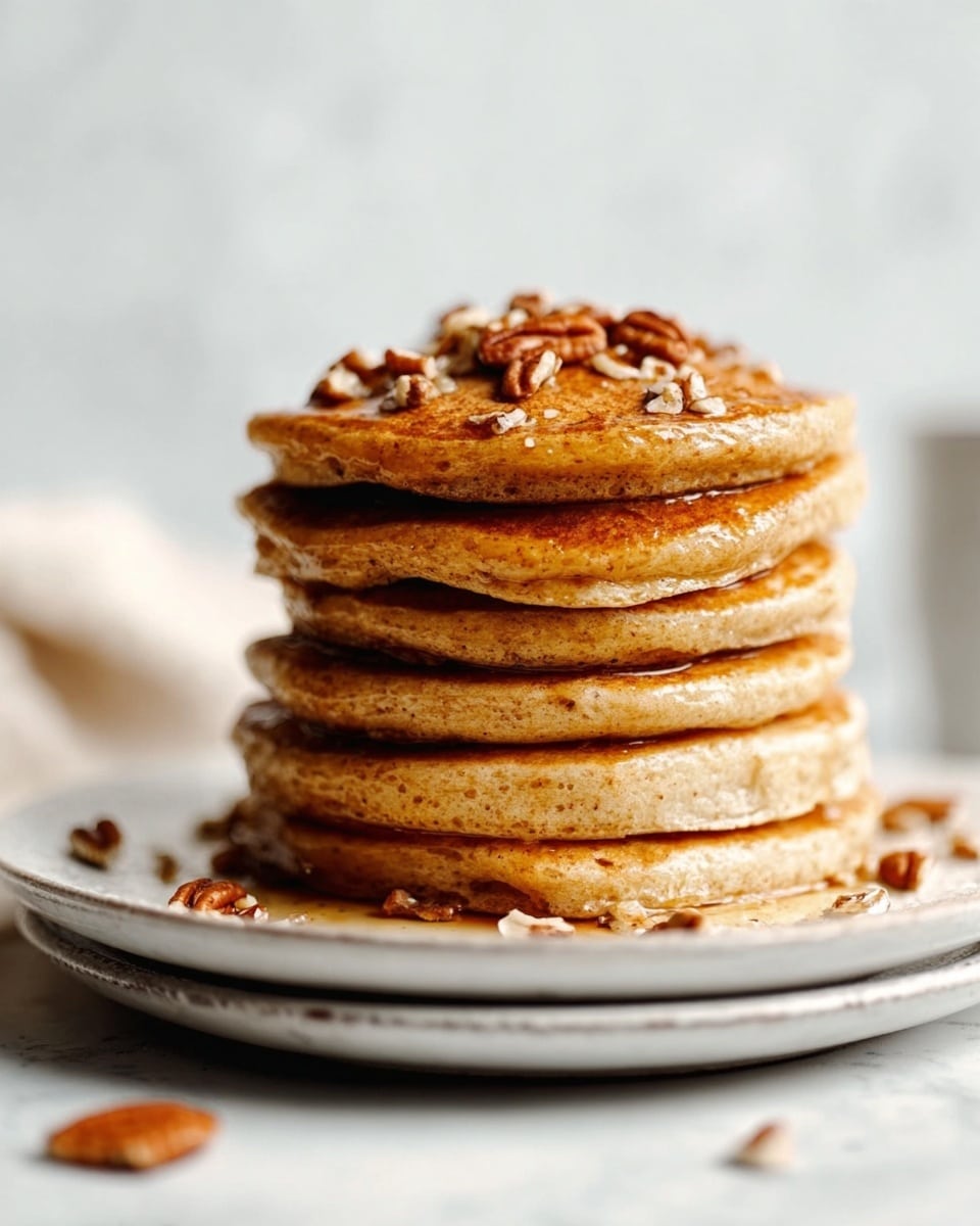 A tall stack of eight thick, golden brown pancakes sits on a white plate with a subtle pattern, on top of another similar white plate, all placed on a white marbled surface. The pancakes show a soft and fluffy texture with slightly uneven edges, giving a homemade feel. The top pancake is sprinkled with small, glossy pecan pieces scattered loosely, some spilling onto the plate. The scene has soft natural lighting highlighting the warm tones of the pancakes. Photo taken with an iphone --ar 4:5 --v 7