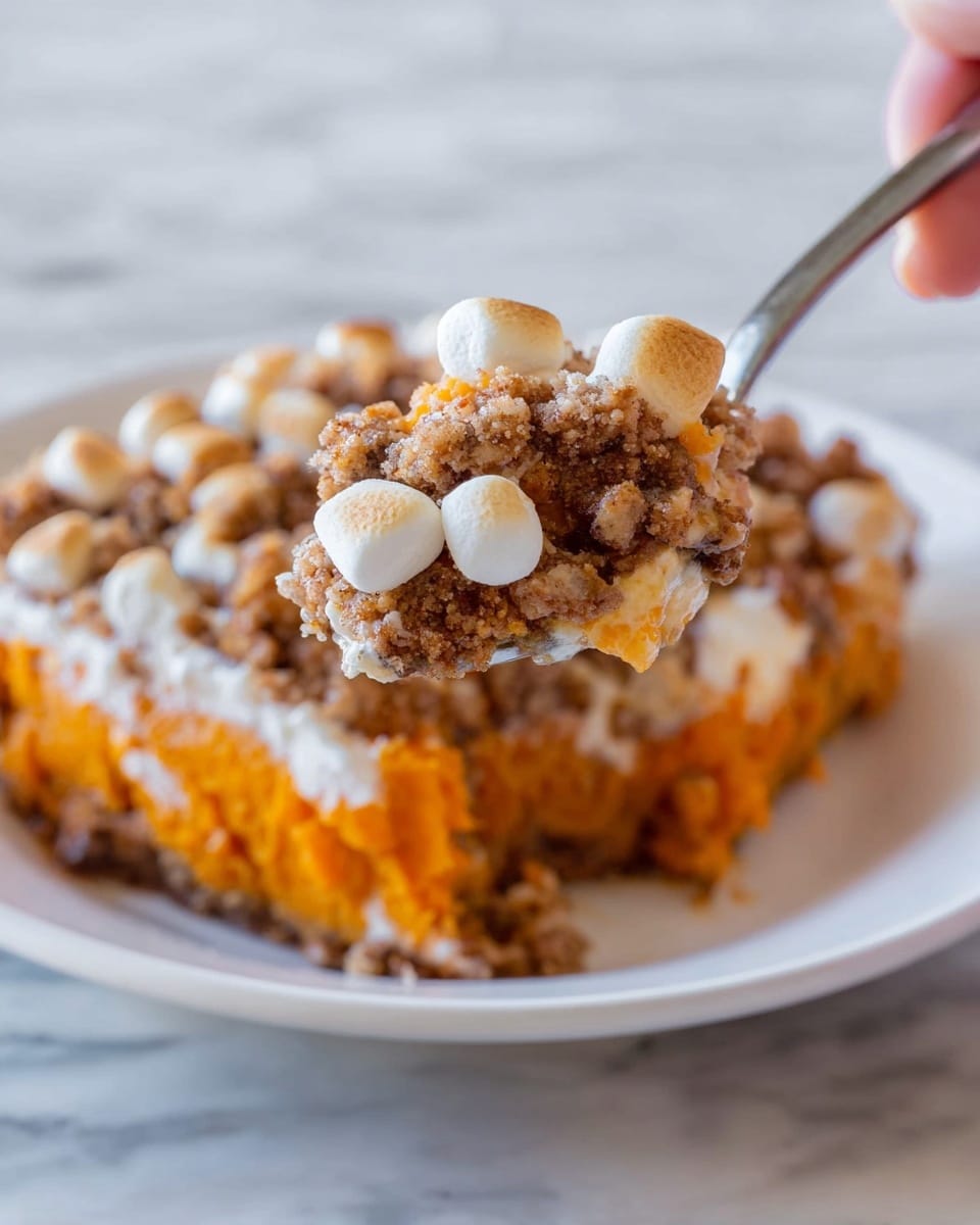 The dish shows a spoonful of a layered dessert with three main layers. The bottom layer is bright orange and looks soft, possibly mashed sweet potatoes. The middle layer is creamy white, slightly melting, and mixed with some crumbly brown bits. The top layer is a crumbly brown topping with small, lightly toasted white marshmallows scattered all over. The spoon holds a mix of all these layers, showing a textured and gooey combination. The dessert is placed on a white plate set on a white marbled surface, and a woman's hand is holding the spoon. photo taken with an iphone --ar 4:5 --v 7