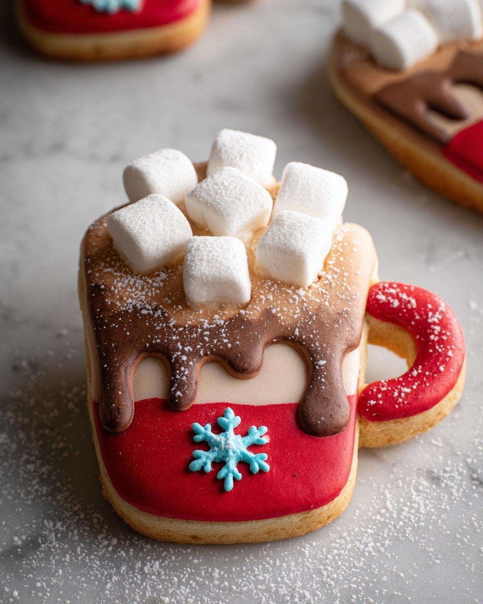 A mug-shaped cookie sits on a white marbled surface. The bottom layer is a golden brown cookie decorated with a bright red icing forming the mug's body and handle on the right side. On the red part, there is a small pale blue snowflake in the center dusted lightly with powdered sugar. Above the red layer, there is a thick dripping dark brown chocolate layer representing hot chocolate. On top of the brown layer, a creamy light brown icing layer looks like frothy milk, topped with several white marshmallows, giving a fluffy texture. The whole cookie is sprinkled lightly with powdered sugar. Photo taken with an iphone --ar 4:5 --v 7