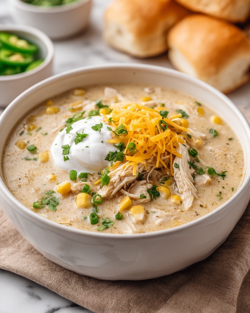 A white bowl holds a creamy chicken soup with visible shredded chicken pieces and small yellow corn kernels mixed in a light beige broth. On top, there is a small pile of shredded yellow cheddar cheese slightly melting into the soup, with a dollop of white sour cream placed on the cheese. Small green chopped herbs and sliced green onions are scattered across the soup, adding pops of color. The bowl sits on a light brown cloth on a white marbled surface with blurred bread rolls and a small white bowl with green sliced jalapeños visible in the background. Photo taken with an iphone --ar 4:5 --v 7