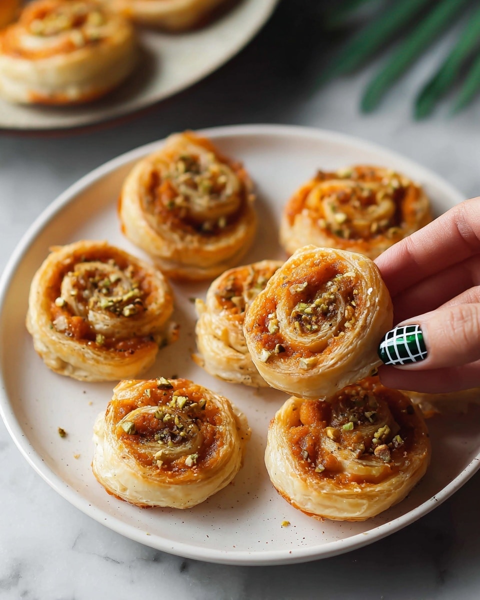 A round white plate holds six small puff pastry pinwheels, each with two visible layers: a flaky, golden-brown outer dough layer and an inner orange filling with a slightly chunky texture, sprinkled with small green crushed nuts. The pastry spirals display a glossy finish and light browning on the edges. A woman's hand with green nail polish and a black grid pattern is picking up one pinwheel from the right side of the plate. The plate is placed on a white marbled surface, and a blurred white plate with more pastries is visible in the background. photo taken with an iphone --ar 4:5 --v 7