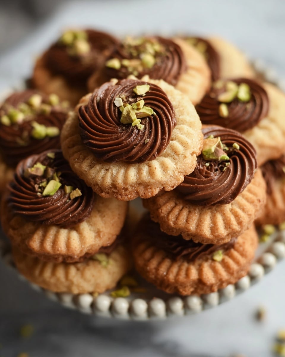 A close-up view of a stack of six round cookies placed on a round white plate with a raised edge. Each cookie has two main layers: a light brown, ridged base with a slightly crumbly texture, and a swirled dark brown topping of chocolate cream that covers half of the cookie’s surface. Small pieces of chopped nuts, some green and some tan, are sprinkled on the chocolate cream, adding texture. The background is a white marbled texture, softly blurred to keep the focus on the cookies. photo taken with an iphone --ar 4:5 --v 7