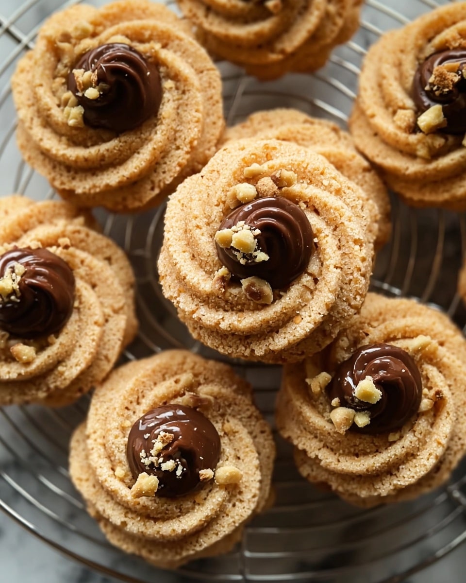 The image shows several round cookies arranged closely together. Each cookie has one main layer with a light brown, crumbly texture and a swirl pattern on top. In the center of each swirl, there is a small dollop of dark chocolate cream, which looks smooth and glossy. Some of the chocolate dollops have small pieces of nuts sprinkled on or near them. The cookies are on a metal wire rack that is placed over a white marbled texture. The lighting highlights the textures and makes the cookies look fresh and soft. photo taken with an iphone --ar 4:5 --v 7