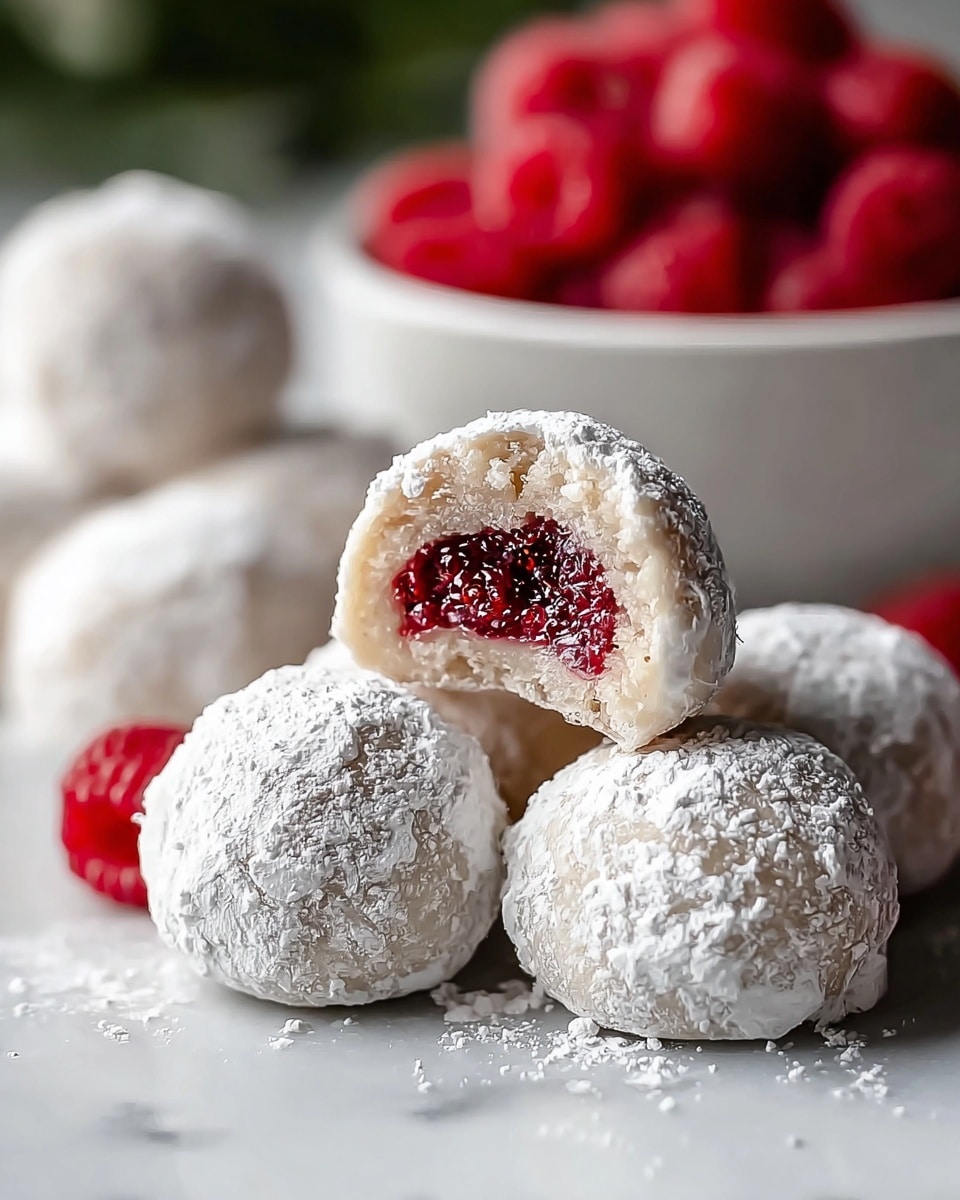 The image shows several small round mochi balls, each dusted heavily with white powdered sugar. One mochi is stacked on top of another to reveal its inside layers: a thin, soft beige outer layer, and a bright red, sticky raspberry filling at the center with visible seeds. The mochi rests on a smooth white marbled surface. In the background, a white bowl filled with fresh red raspberries is visible but softly blurred. The lighting is bright and natural, highlighting the powdery texture and the fresh red color of the filling and raspberries. photo taken with an iphone --ar 4:5 --v 7