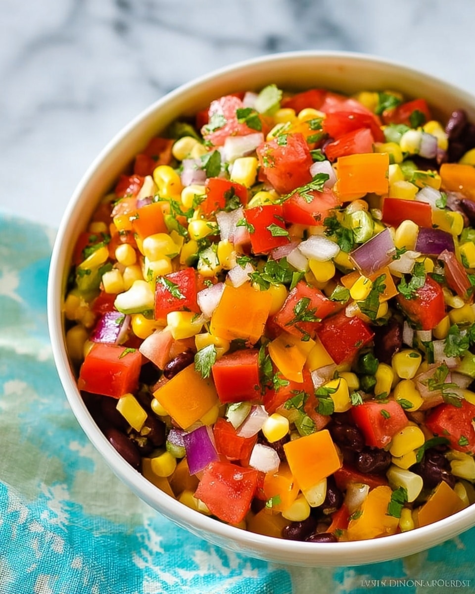 The image shows a white bowl filled with a colorful vegetable salad. The salad has multiple layers of cubed red tomatoes, orange bell peppers, yellow corn kernels, black beans, small pieces of white onions, and chopped green herbs like cilantro scattered evenly. The ingredients create a mix of bright colors and textures, with some parts appearing smooth and juicy, while others look crisp and fresh. The bowl sits on a white marbled surface with a soft blue pattern cloth partially visible beneath it. photo taken with an iphone --ar 4:5 --v 7