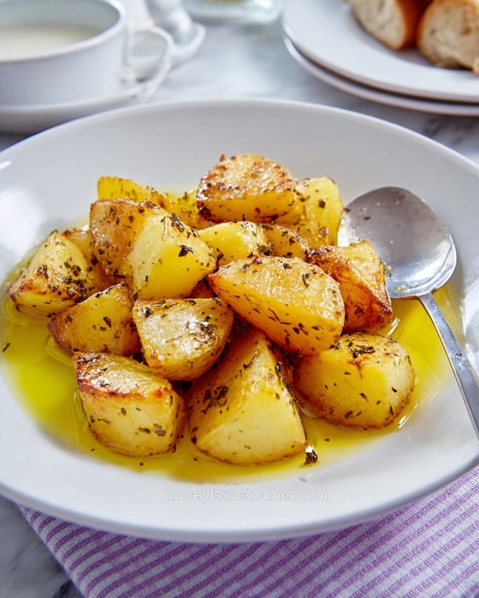 A white plate holds a small pile of golden-brown roasted potato pieces, each with a slightly crispy texture and sprinkled with visible herbs and black pepper. The potatoes are cut into irregular, thick chunks and sit in a shallow pool of yellow oil or melted butter that glistens under the light. A shiny spoon rests on the right side of the plate. The plate is set on a lavender and white checkered cloth over a white marbled surface. Parts of a fork, a piece of bread on another white plate, and a small bowl with white sauce appear blurred in the background. Photo taken with an iphone --ar 4:5 --v 7