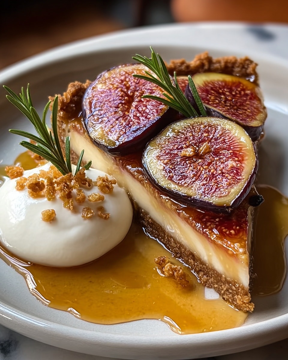 A single slice of tart is placed on a white plate, showing three visible layers: a golden-brown crust at the bottom with a rough texture, a light beige soft filling in the middle, and a glossy layer of cut fig halves on top, with rich purple edges and bright pink with seeds inside. Next to the tart slice, there is a dollop of white cream topped with small golden-brown crunchy bits. Around the tart and cream, there is a shiny amber syrup pooling on the plate, and a few sprigs of green rosemary add color and decoration. The plate sits on a white marbled texture. photo taken with an iphone --ar 4:5 --v 7
