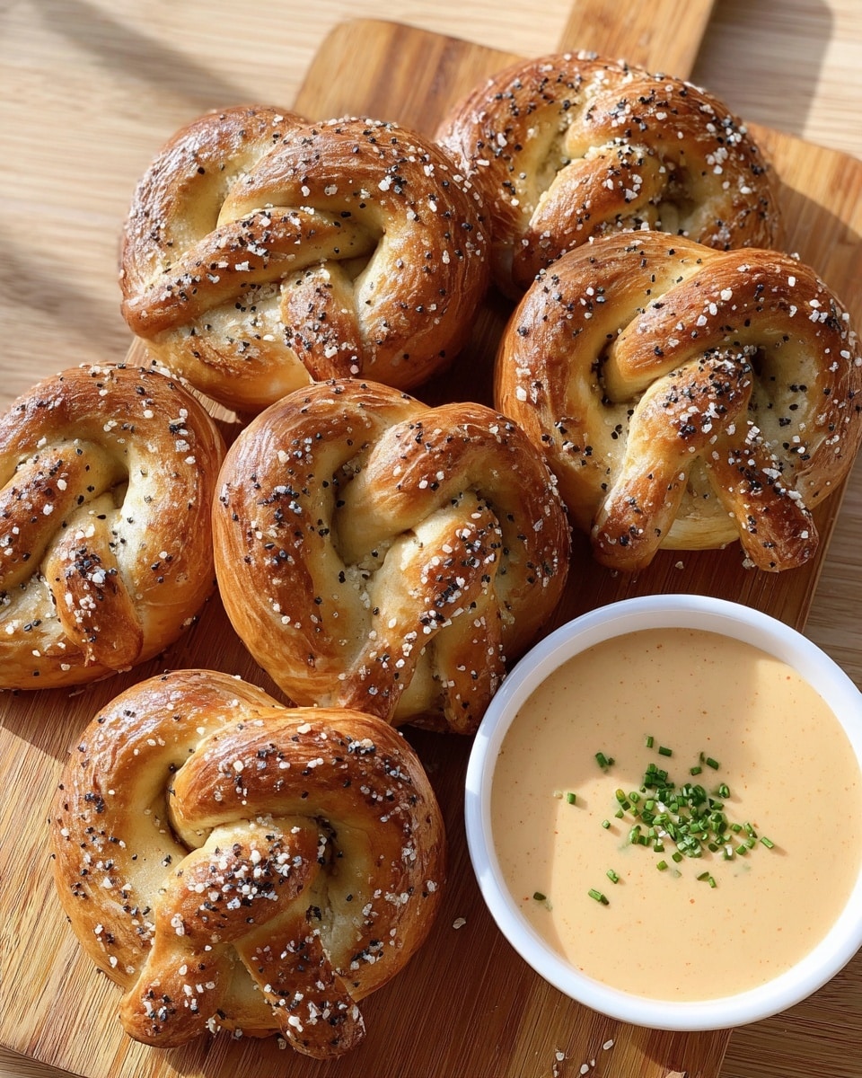 A wooden board is filled with six golden-brown soft pretzels, each twisted in a classic knot shape with a smooth, shiny crust sprinkled generously with coarse white salt and black sesame seeds. Next to the pretzels, a white bowl holds a creamy, light orange cheese sauce garnished with small pieces of green chives on top. The setup is on a light wood surface with clear natural light highlighting the warm tones of the pretzels and sauce. photo taken with an iphone --ar 4:5 --v 7