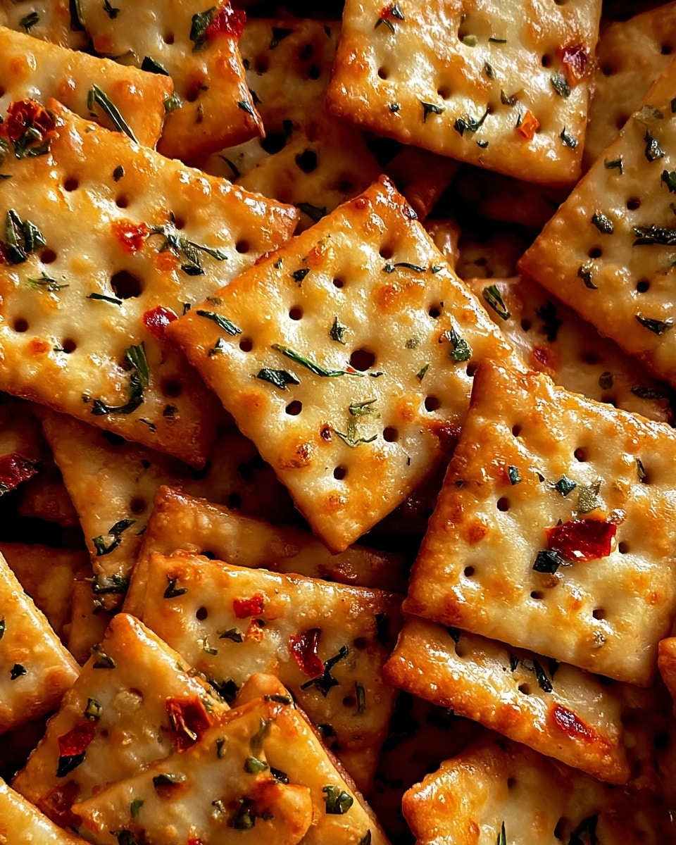A close-up view of many square crackers stacked unevenly, each cracker light golden brown with a glossy sheen, sprinkled with green herb flakes and small pieces of red chili flakes, having small holes evenly spaced in the center. The crackers show a baked texture with slightly darker spots around the edges, creating a crunchy look. photo taken with an iphone --ar 4:5 --v 7