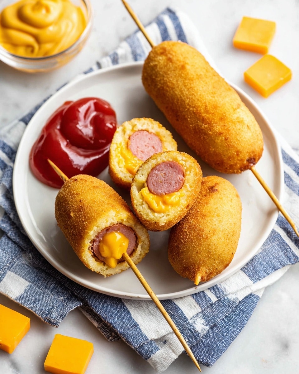 The image shows a white plate holding four mini corn dogs, two of which are cut in half to reveal their inside layers: a pinkish sausage center surrounded by a yellow melted cheese layer, all encased in a golden-brown crispy batter coating. The corn dogs are skewered with thin wooden sticks. Two sauces are visible on the plate, a red ketchup on the left side under one whole corn dog and a yellow mustard on the right side near two whole corn dogs. The plate is placed on a blue and white striped cloth on a white marbled surface, with small rectangular pieces of cheddar cheese scattered nearby. Photo taken with an iphone --ar 4:5 --v 7