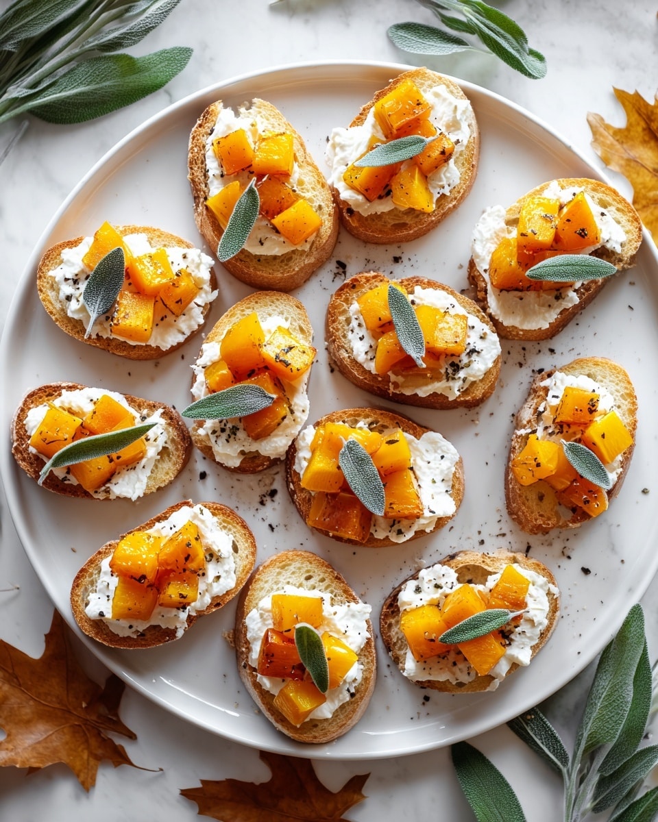A white round plate sits on a white marbled surface, holding fifteen small toasted bread slices arranged neatly in a circle. Each slice has three layers: the bottom is a golden brown toasted bread with crispy edges, the middle layer is a dollop of white creamy cheese with a soft texture, and the top layer includes small, bright orange cubes of roasted butternut squash, sprinkled lightly with black pepper. Each piece is garnished with a single fresh green sage leaf, adding a touch of color and freshness. Around the plate, there are scattered green herbs and autumn leaves for decoration. Photo taken with an iphone --ar 4:5 --v 7