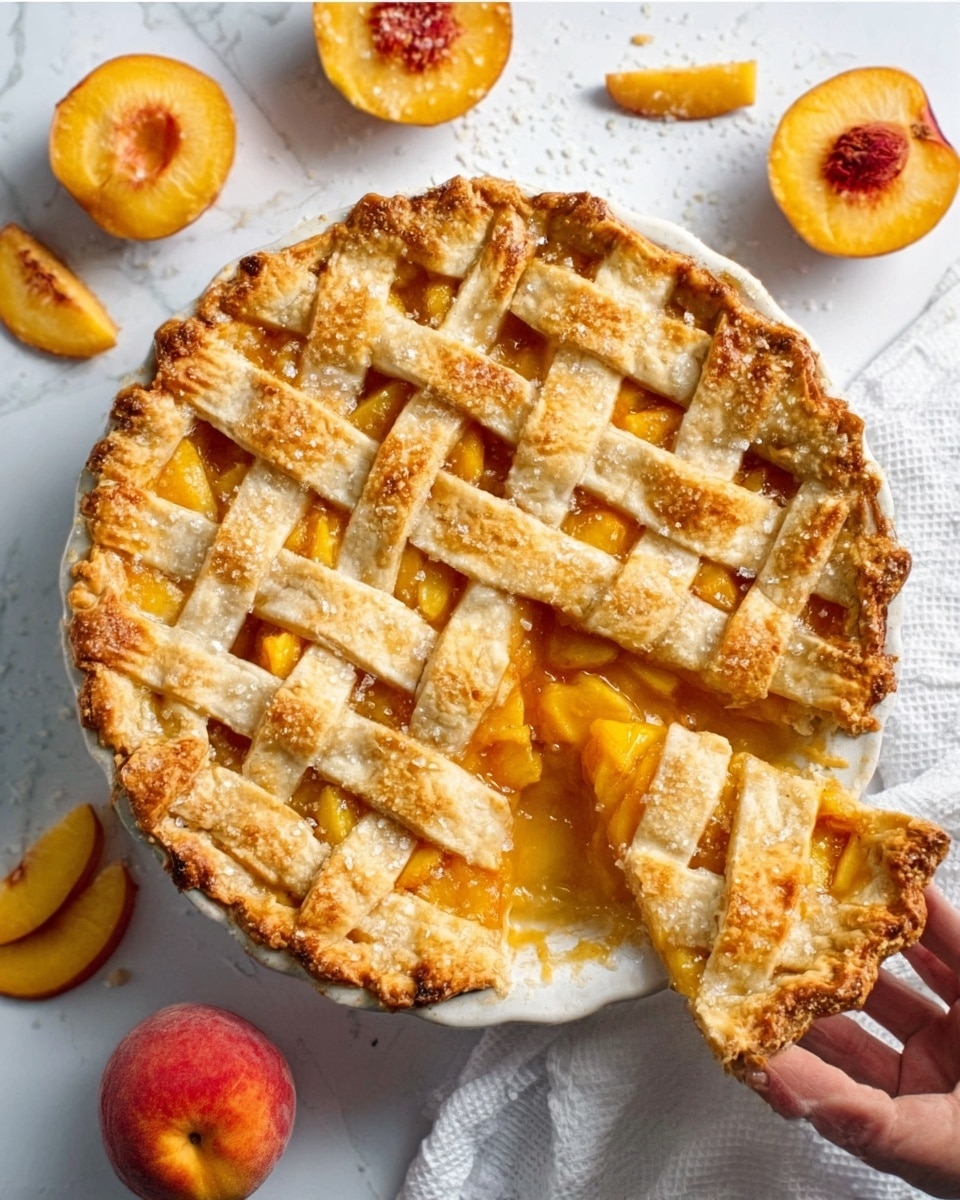 The image shows a round peach pie with a golden-brown lattice crust on top, arranged in neat woven strips. The lattice crust has a crumbly texture with sugar crystals sprinkled over it, catching the light. The pie filling is a warm, glossy orange-peach color, slightly bubbling where a slice is missing from the bottom left, exposing the juicy and thick fruit layer. The pie is on a white plate resting on a white marbled surface, surrounded by whole peaches and peach slices, adding a fresh, natural touch. A woman's hand holds a square piece of the pie close to the plate. Photo taken with an iphone --ar 4:5 --v 7
