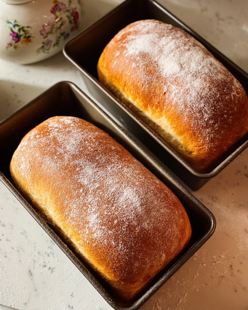 The image shows a loaf of bread on a white plate with decorative edges, placed on a white marbled surface. The loaf is golden brown with a light dusting of flour on top. One thick slice is cut and leaning against the loaf, showing a soft, dense, and slightly crumbly interior with a light beige color, while another smaller piece lies flat nearby. The bread has a rough, rustic texture on the crust, and crumbs are scattered around the plate. In the background, there are blurred kitchen items adding a warm and cozy feel. photo taken with an iphone --ar 4:5 --v 7