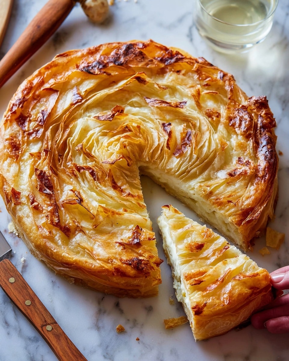 A round pie with multiple layers of golden, crispy, and flaky pastry spiraled from the center outward on a white marbled surface. The pie is cut into triangular slices, revealing a soft, creamy white filling inside with light browning on top. The top pastry layers are thin, slightly curled, and have a textured, crunchy look with some darker spots where the crust has browned more. A glass of white liquid and wooden-handled utensils sit nearby, and a woman's hand is gently reaching towards one of the slices. Photo taken with an iphone --ar 4:5 --v 7