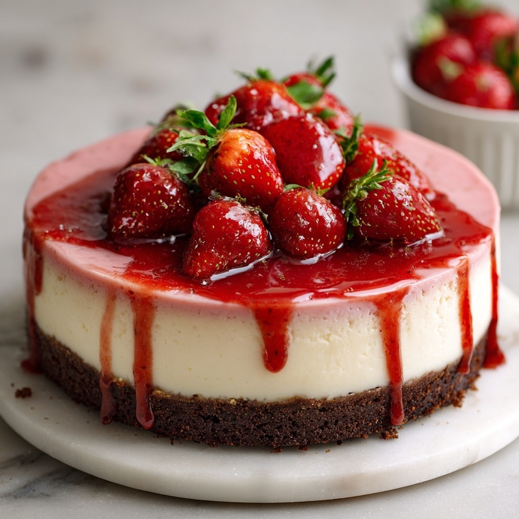 A round cheesecake with three visible layers sits on a white marbled surface. The bottom layer is a dark brown crust with a crumbly texture, topped by a thick, smooth, light cream-colored middle layer. The top layer is a soft pink, evenly spread with a shiny red strawberry sauce dripping slightly down one side. Fresh, shiny red strawberries with green leaves are arranged on top, some standing up and some leaning, adding vibrant contrast. There is also a blurred white bowl with strawberries in the background. Photo taken with an iphone --ar 4:5 --v 7