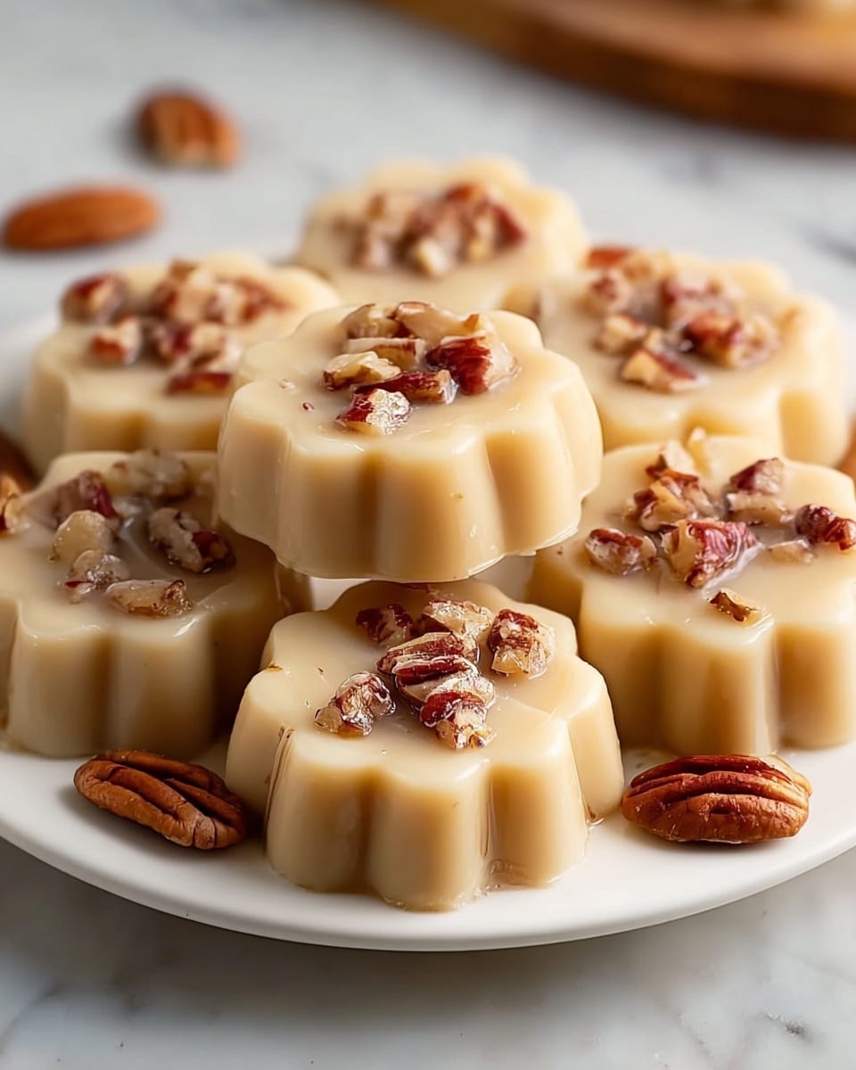 The image shows seven small creamy beige fudge pieces arranged on a white plate placed on a white marbled surface. Each fudge piece is shaped like a flower with scalloped edges and is topped with small pieces of toasted pecans that add texture and a mix of brown shades to the smooth fudge. The fudge looks soft and slightly glossy, and there are a few whole pecans placed around the plate adding a rustic touch. The lighting softly highlights the glossiness and the nut pieces, making the fudge look rich and inviting. photo taken with an iphone --ar 4:5 --v 7