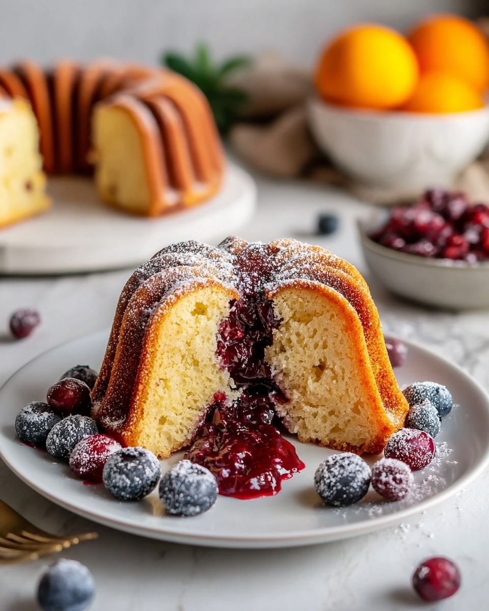 A small bundt cake cut in half sits on a white plate over a white marbled texture. The cake has a golden brown outer layer with deep ridges, and the inside is light yellow with a moist texture. The middle of the cake is filled with dark red berry jam that slightly oozes out onto the plate. Around the cake and on the plate, there are scattered fresh whole berries in shades of deep purple, red, and blue, some dusted with powdered sugar. In the blurred background, another whole bundt cake and bowls with oranges and berries sit on the white marbled surface. photo taken with an iphone --ar 4:5 --v 7