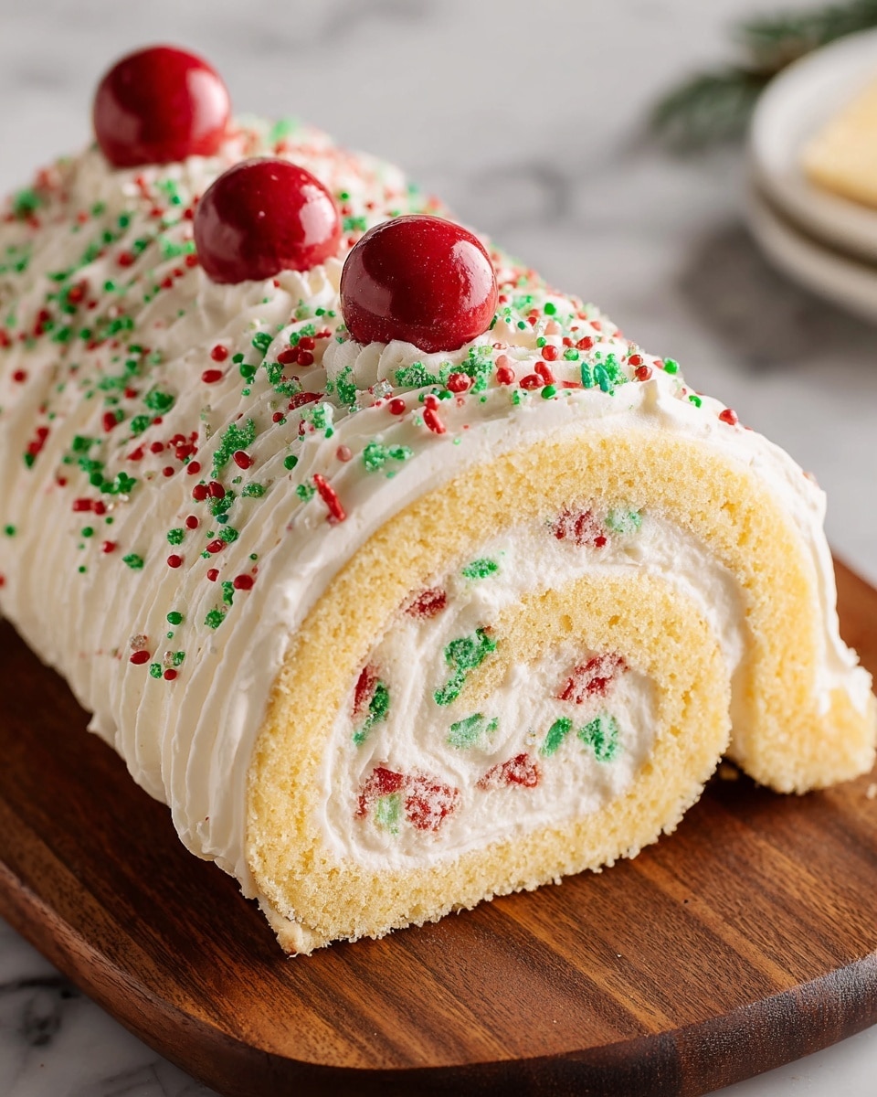 A light yellow sponge cake rolled into a spiral shape with a thick white cream layer swirled inside that contains small bits of red and green festive sprinkles. The outside of the roll is covered in smooth white frosting, topped with red, green, and white sprinkles, and decorated with two whole red round candies placed on the top. The cake rests on a wooden board on a white marbled surface in the background. photo taken with an iphone --ar 4:5 --v 7
