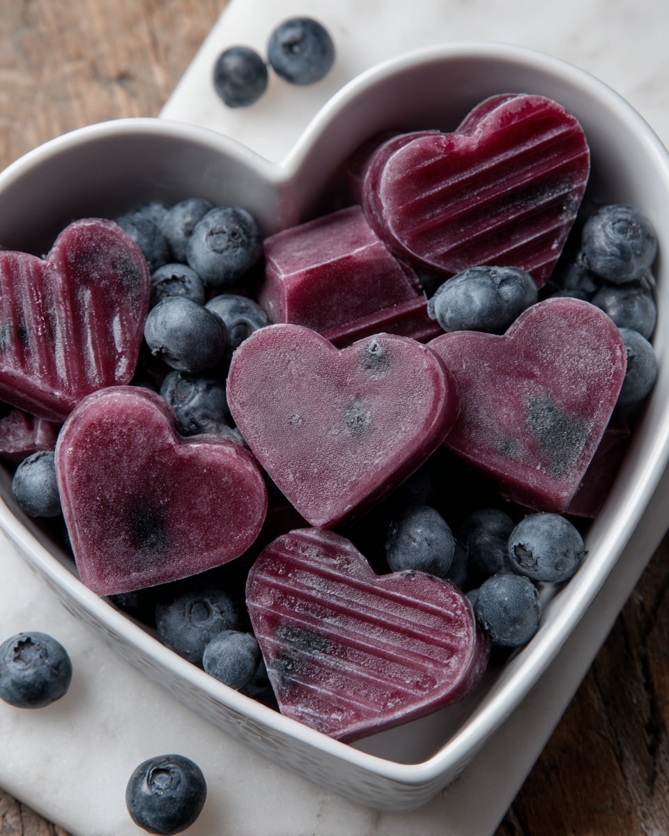 A heart-shaped white dish filled with two types of purple frozen treats: heart-shaped and rectangular with ridges. The treats have a frosty texture with visible tiny dark blueberry pieces inside. Fresh, plump blueberries are scattered around and between the frozen pieces, adding a natural dark blue contrast. The dish is placed on a white marbled surface. Photo taken with an iphone --ar 4:5 --v 7
