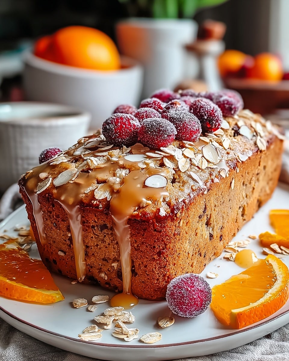 A loaf of oat-topped bread sits on a white rectangular plate placed on a white marbled surface, sliced at the front to show its soft beige inside with orange chunks. The top layer is covered with oat flakes and drizzled with shiny honey that also pools artistically on the plate, mixed with scattered fresh and dried cranberries. In the background, there is a blurred bowl of cranberries, a sliced orange half, and jars of ingredients, creating a cozy kitchen feel. Photo taken with an iphone --ar 4:5 --v 7