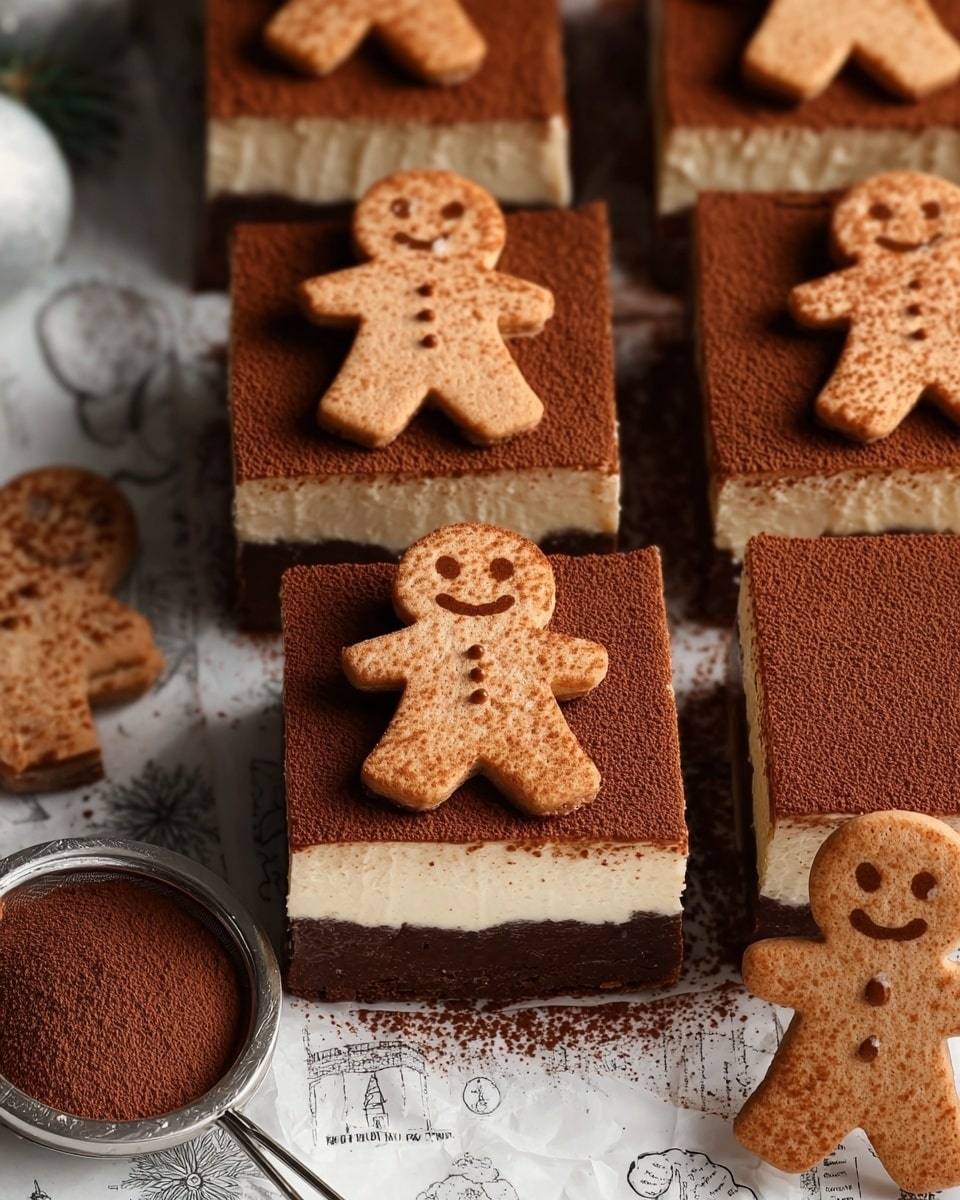 The image shows square dessert pieces topped with light brown gingerbread man cookies. Each piece has two main layers: a thick dark brown bottom layer with a soft-looking texture and a thinner pale cream middle layer, giving a contrast between the dark and light colors. The top of each dessert is dusted with cocoa powder, with the gingerbread man cookie neatly placed in the center, adding a fun and cozy touch. The treats are arranged closely together on a sheet of printed parchment paper over a white marbled surface, with a metal sifter filled with cocoa powder on the side and a single gingerbread man cookie resting beside it. photo taken with an iphone --ar 4:5 --v 7