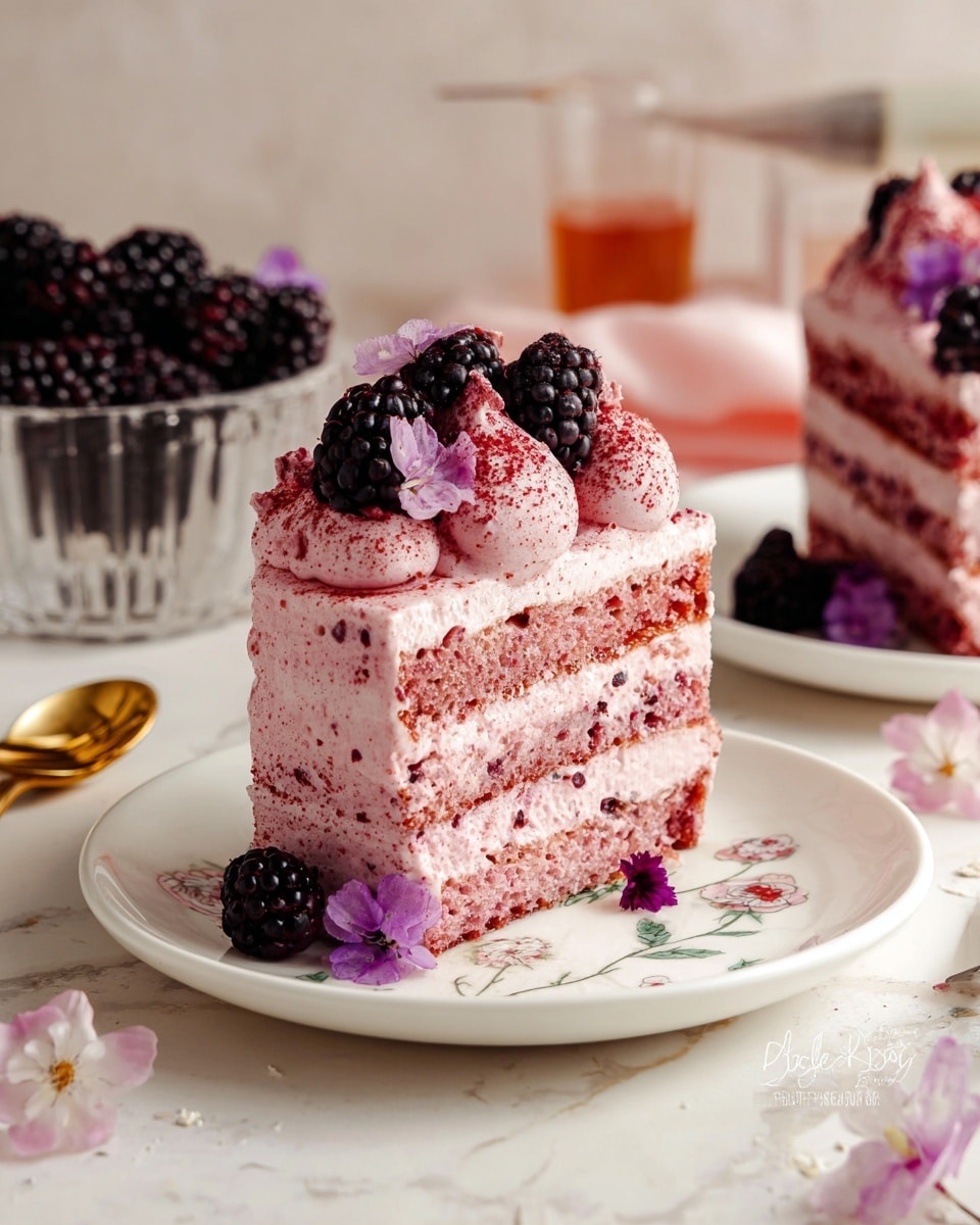 A slice of cake with four visible layers sits on a white plate with a delicate floral pattern. The bottom layer is a light brown cake base, topped by a thick pinkish cream with a slightly rough texture, followed by another light brown cake layer, then more pink cream, and a thin layer of red jam near the top. The cake is covered with fluffy pink cream all around, with a few dollops dusted in red powder on top. Three large, shiny blackberries and a small purple flower decorate the top of the slice. The setting includes scattered small purple flowers and more blackberries on a white marbled surface. Photo taken with an iphone --ar 4:5 --v 7