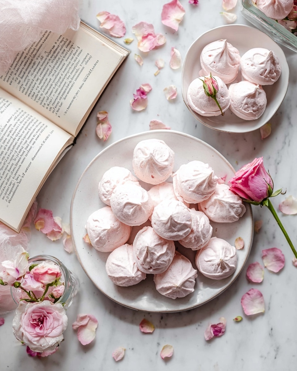 The image shows a large white plate filled with about fifteen light pink meringue cookies that have a rough, cracked texture and small peaks on top, scattered with pale pink rose petals and a whole pink rose lying on the plate. Surrounding the main plate are two smaller white bowls containing about five each of the same meringues, also decorated with rose petals, set on open books with visible text. A glass jar with a pink rose and loose rose petals are placed on a white marbled surface around the bowls and plates, creating a soft, delicate, and pastel-themed setting. Photo taken with an iphone --ar 4:5 --v 7