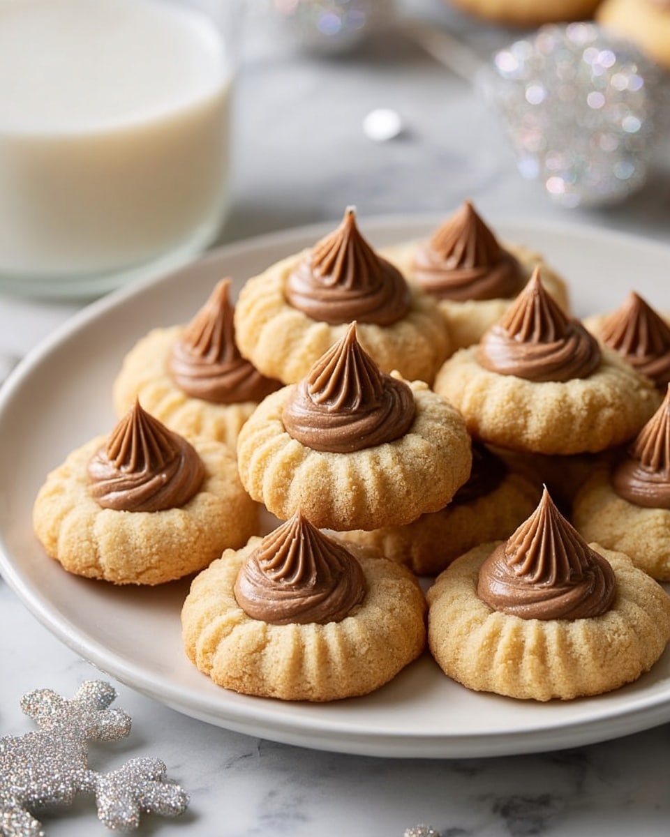 A white plate holds a pile of round, swirled cookies, each with two layers; the bottom and top layers are light golden brown with a ridged, soft texture, and in the middle is a smooth, darker brown cream. On top of each cookie is a small dollop of the same darker brown cream, shaped like a swirl with a pointed peak. The background shows a blurred white marbled texture with some glittery decorative snowflakes and a glass of milk, creating a cozy and festive feeling. photo taken with an iphone --ar 4:5 --v 7