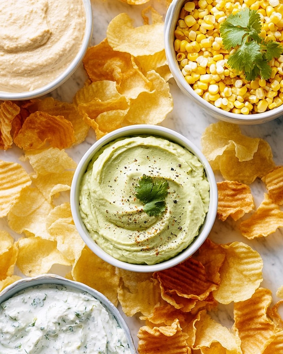 A white bowl filled with smooth, light green avocado dip sits near the center of the image, topped with cilantro leaves and sprinkled lightly with pepper. Surrounding this bowl are various types of light golden brown chips with ruffled and flat textures, creating a layered effect of different chip shapes and sizes. Above this bowl, another white bowl holds bright yellow corn kernels mixed with small white bits and garnished with a cilantro leaf. To the left, a white bowl contains a creamy light beige dip with a smooth texture, while at the bottom left corner, there is a shallow white dish filled with a thick white dip flecked with green herbs. The whole scene is set on a surface with a white marbled texture. photo taken with an iphone --ar 4:5 --v 7