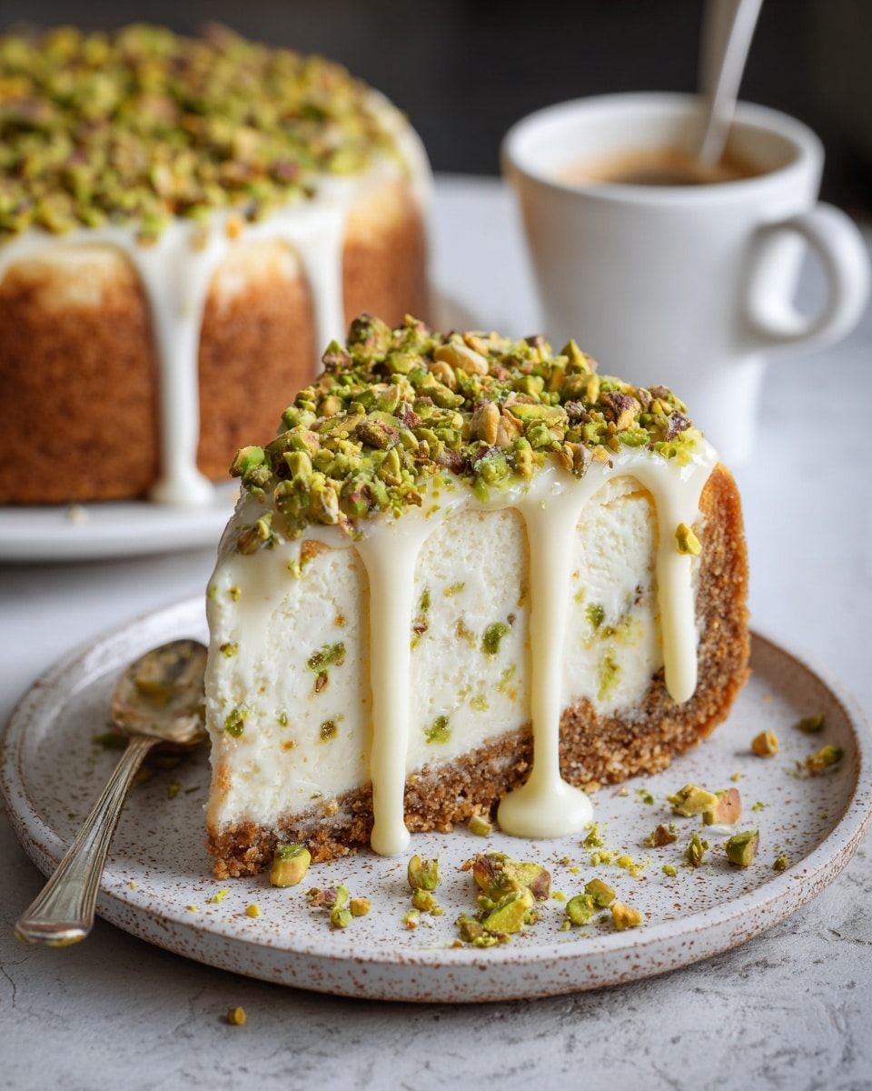 A slice of cheesecake with three visible layers sits on a round speckled plate that rests on a white plate, all set on a white marbled texture. The bottom layer is thick and brown, crumbly and firm like a cookie crust. The middle layer is a thick, creamy white cheesecake with small bits of green pistachio mixed inside. The top layer is a smooth white glaze that drips down the sides with crushed green pistachios generously scattered on top and around the slice. A white cup with a spoon is blurred in the background. photo taken with an iphone --ar 4:5 --v 7