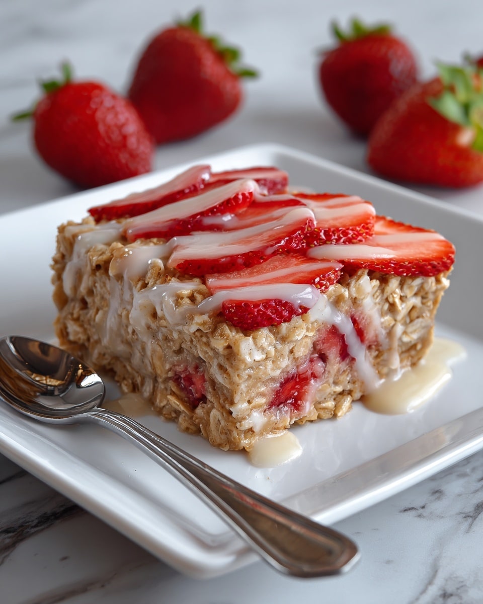A single square slice of baked oatmeal topped with thin, fresh red strawberry slices sits on a white square plate. The oatmeal has two visible layers: the bottom layer is thick and packed with oats showing a beige and light brown color, while the top layer is embedded with chunks of red strawberries. A white glaze is drizzled over the top, adding a shiny texture that flows slightly down the sides. A silver spoon rests beside the slice on the plate, and three whole strawberries with green tops are softly blurred in the background. The entire scene is set against a white marbled surface. Photo taken with an iphone --ar 4:5 --v 7