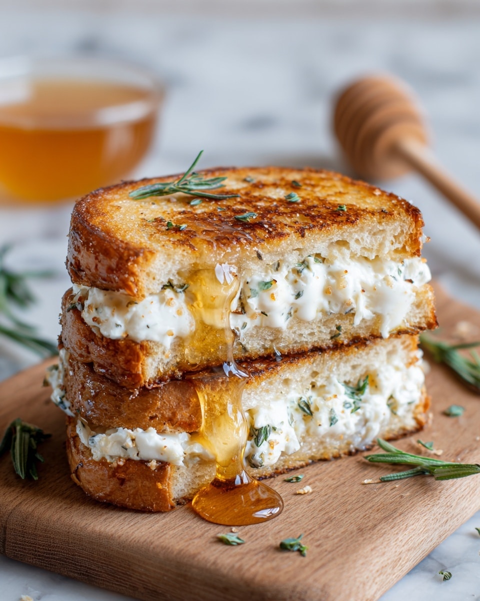 A close-up view of a sandwich stacked in two layers on a wooden board, each layer consisting of toasted golden brown bread with a crispy texture, filled with white creamy cheese mixed with small green herb flecks. Honey is drizzling down the sides of the sandwich, adding a glossy amber layer on top of the golden toasted bread, with small green herb leaves sprinkled on both the honey and the cutting board. The background features a white marbled surface with a honey dipper and a glass bowl filled with honey slightly blurred in the distance. photo taken with an iphone --ar 4:5 --v 7