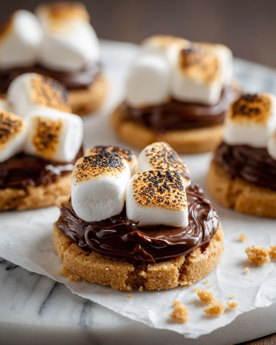 The image shows several round layered treats, each starting with a golden-brown cookie base that looks slightly soft and crumbly. On top of each cookie is a thick, smooth, and shiny dark chocolate layer with a rich texture, spread evenly but with some natural swirls. The top layer consists of several large marshmallows, which are toasted to a golden brown with small charred spots, giving a fluffy yet slightly crisp look. There are small crumbs scattered around the treats on a white marbled surface with a piece of parchment paper beneath the closest treat. The focus is on the nearest treat with the others softly blurred behind it. photo taken with an iphone --ar 4:5 --v 7
