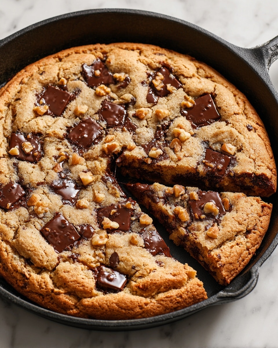 The image shows a large, round, golden-brown chocolate chip cookie baked in a black cast iron pan with a firm yet slightly crumbly texture. The cookie is studded with melted dark chocolate chunks and bits of nuts, spread evenly on top and throughout. Three generous scoops of creamy white vanilla ice cream sit in the center, slightly melting and oozing over the warm cookie. One slice is cut out revealing a soft, chewy inside with melted chocolate and nuts. Two silver spoons rest on the side of the pan, placed on a white marbled surface, with a wooden bowl filled with chocolate chunks blurred in the background. photo taken with an iphone --ar 4:5 --v 7