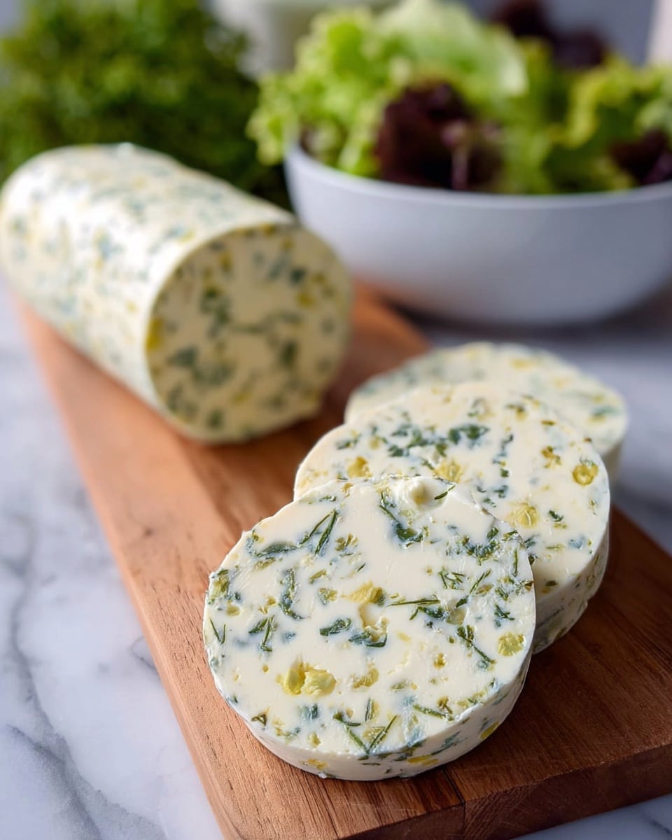 The image shows three thick round slices of herb butter placed on a wooden board. The herb butter is creamy white with small green and yellow herb pieces evenly mixed throughout, giving it a speckled texture. Behind the slices, the remaining log of herb butter is visible, slightly out of focus. In the background, there is a white bowl filled with green lettuce and other leafy greens, all set on a white marbled surface. The overall look is fresh and natural. photo taken with an iphone --ar 4:5 --v 7