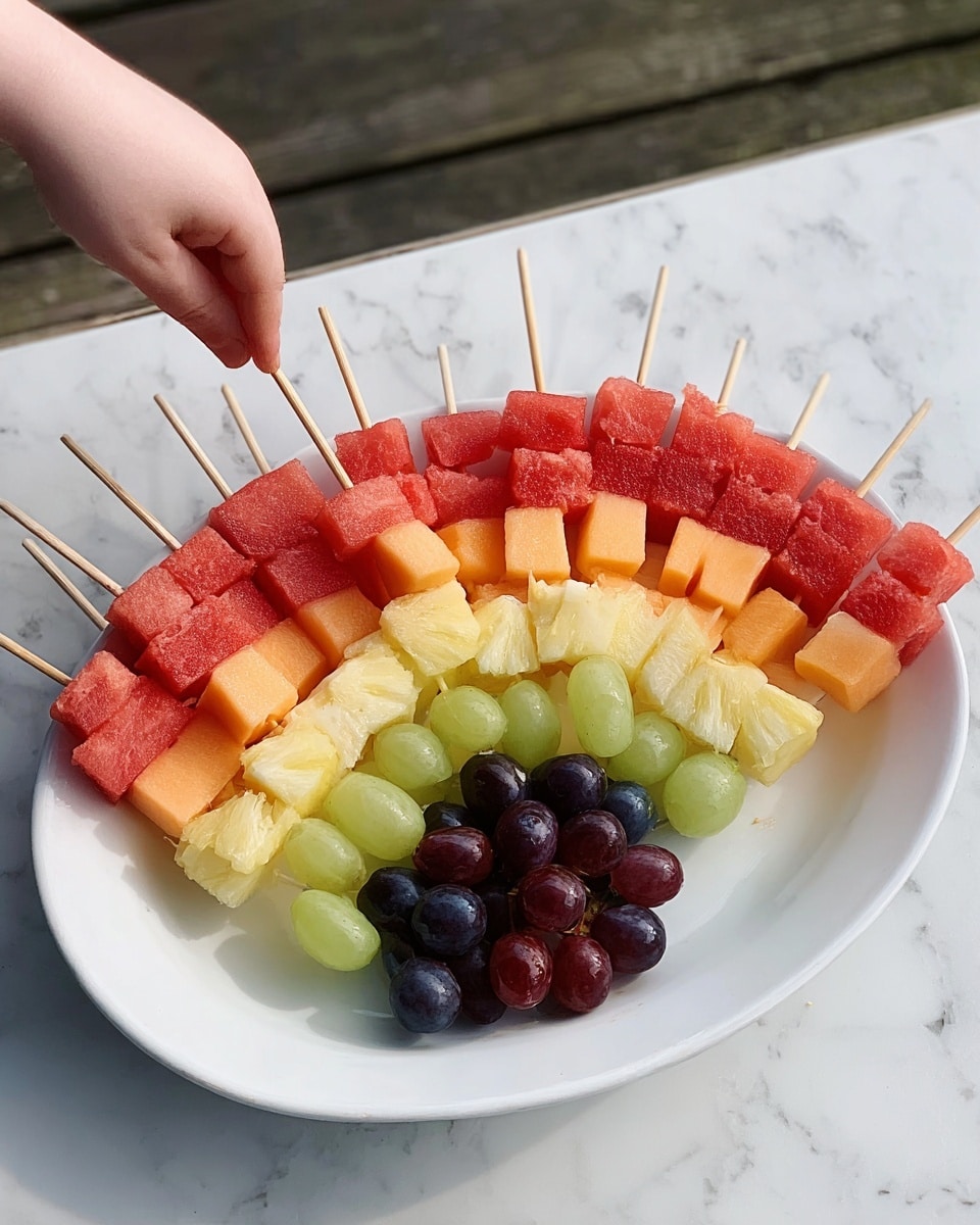 An oval white plate holds a colorful rainbow made from six layers of diced fruit on wooden skewers, arranged in a semi-circle. The top and bottom layers are bright red watermelon cubes with a rough texture. Below the top layer is a layer of orange cantaloupe pieces, smooth and firm. Next is a pale yellow layer of pineapple chunks with a slightly fibrous look. Under the pineapple is a layer of light green grapes, smooth and round, followed by a layer of dark purple grapes. In the center are dark red grapes forming a small cluster. A woman's hand is reaching to pick up a skewer of watermelon at the top left of the plate. The plate sits on a white marbled surface. Photo taken with an iphone --ar 4:5 --v 7