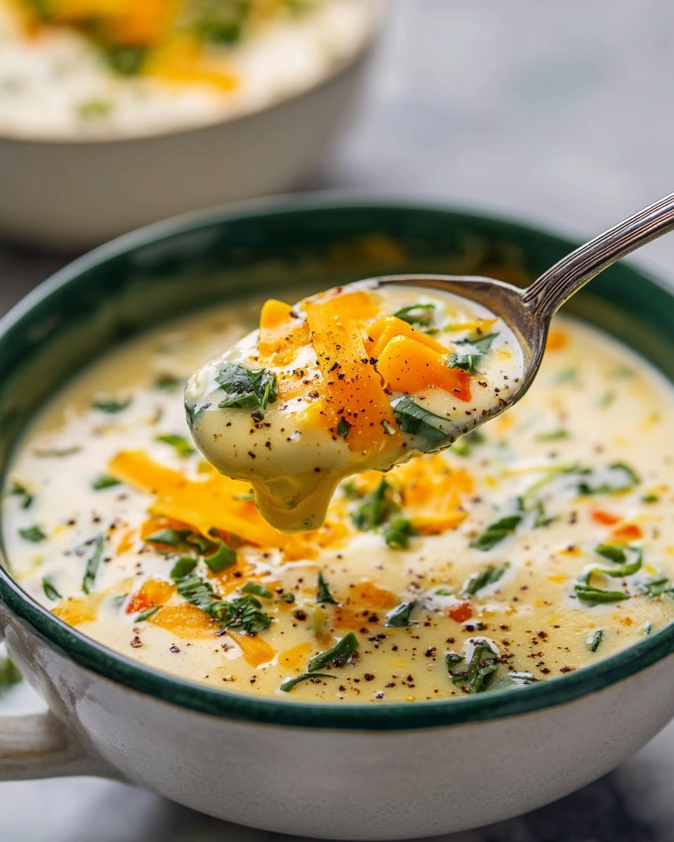 A close-up of a rich, creamy soup served in a white bowl with a green rim, filled with a smooth, pale yellow base mixed with tiny bits of green herbs and small pieces of orange vegetables. A silver spoon lifts a thick spoonful showing a creamy texture topped with thin slices of bright orange cheddar cheese and fresh, chopped green herbs sprinkled with black pepper. The background shows more soup with the same toppings visible on the surface, all placed on a white marbled texture. photo taken with an iphone --ar 4:5 --v 7