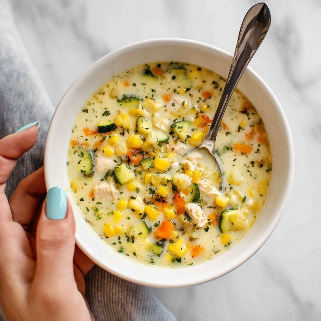 Two white bowls filled with creamy corn chowder, each showing chunky layers of pale yellow soup mixed with white corn kernels, green zucchini pieces, and small orange carrot bits. The soup is garnished with fresh green herbs and a light sprinkle of red spice. One bowl has a silver spoon inside, resting on the side, and both bowls sit on a folded gray linen cloth over a white marbled surface. Photo taken with an iphone --ar 4:5 --v 7