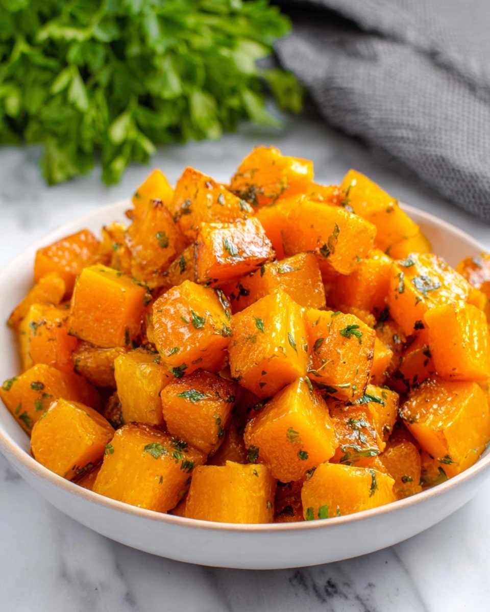 The image shows a close-up of small, cubed roasted orange vegetables, likely sweet potatoes, spread out in several layers on a white marbled surface. The cubes have a shiny, caramelized texture with some pieces slightly browned, giving a mix of golden orange and darker brown colors. There are no other items or layers visible around the roasted cubes. The lighting highlights the glossy and slightly crisp surface of the cubes. Photo taken with an iphone --ar 4:5 --v 7