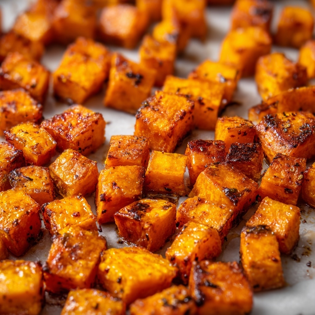 The image shows a white bowl filled with about two layers of small, cubed roasted orange squash. The top layer is bright orange and slightly shiny, indicating a light glaze or oil. The cubes have a soft texture with slightly browned edges and are sprinkled with small green herb pieces, likely parsley. The bowl sits on a white marbled surface with a blurred green leafy plant in the background. photo taken with an iphone --ar 4:5 --v 7