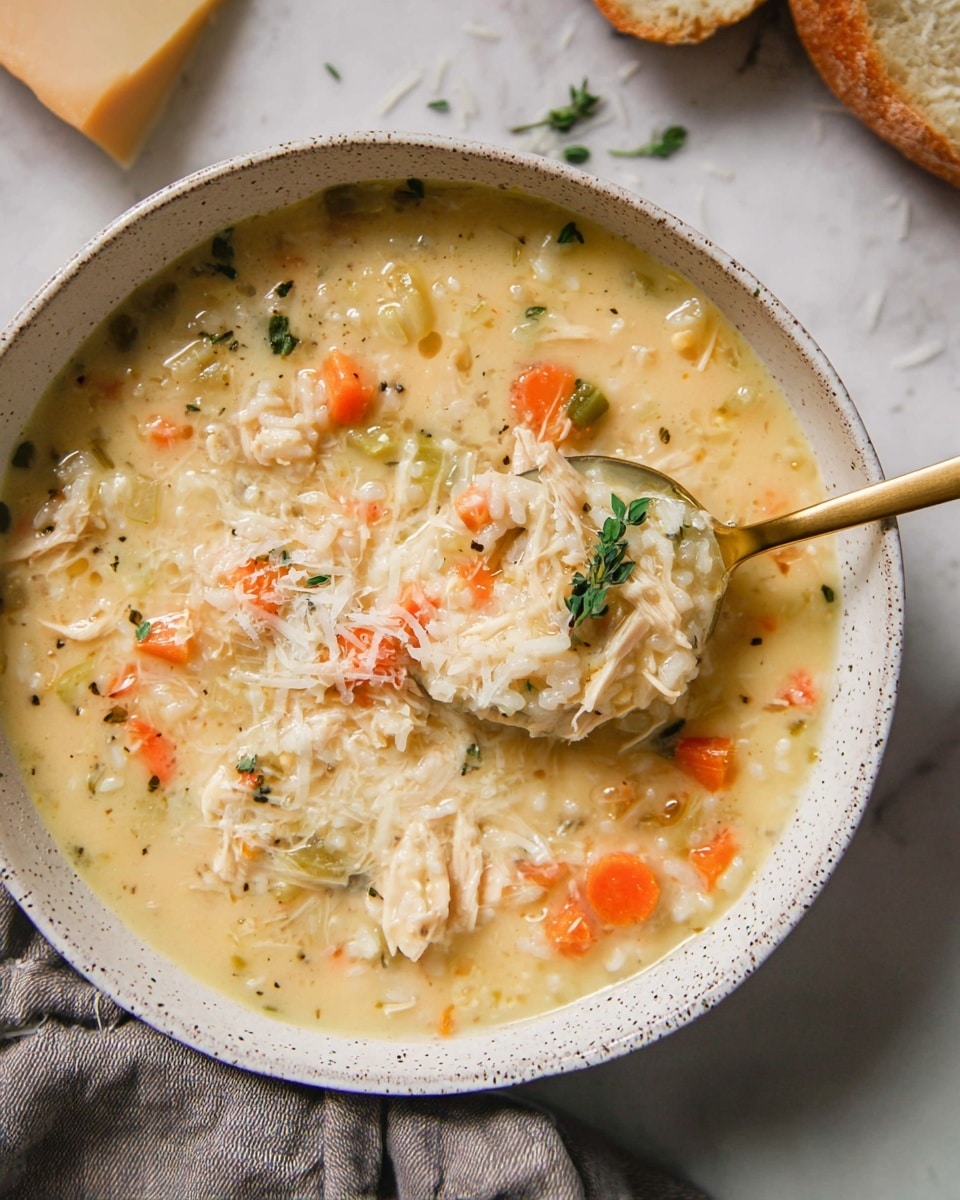 A creamy chicken and rice soup served in a white speckled bowl. The soup shows a thick light yellow broth with visible chunks of orange carrots, white rice, and shredded chicken scattered throughout. There are small green herb leaves sprinkled on top and a light dusting of grated cheese covering part of the soup. A gold spoon scoops up a portion revealing more rice, carrots, and chicken pieces with a small green sprig on top. In the background on a white marbled surface, there is a piece of light-colored bread and a folded gray cloth near the bowl. photo taken with an iphone --ar 4:5 --v 7