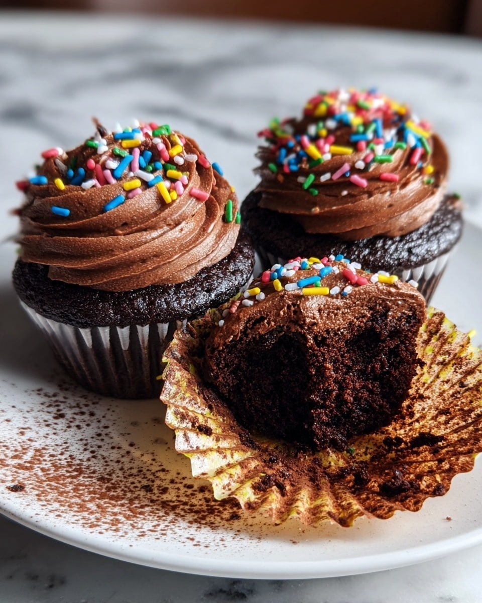 The image shows three chocolate cupcakes on a white plate with cocoa powder dusted lightly around them. Two cupcakes are whole, with thick, swirled chocolate frosting on top, decorated with bright, colorful sprinkles in red, blue, yellow, green, white, and pink. The third cupcake is unwrapped and has a bite taken out, revealing a moist, dark chocolate cake inside. The cupcake liner is open and spread out, showing cocoa powder sticks on it. The background is a white marbled texture. photo taken with an iphone --ar 4:5 --v 7